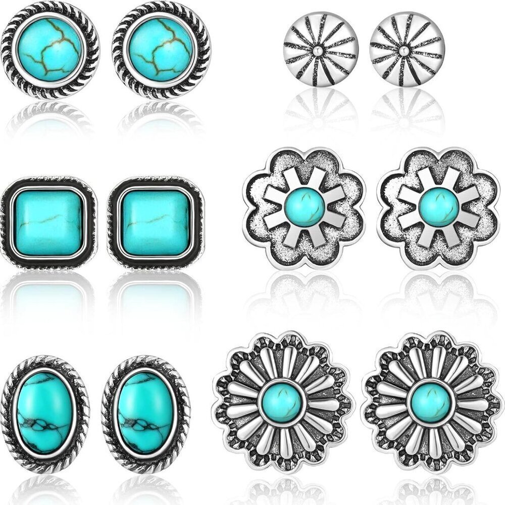 6 Pairs Turquoise Stud Earrings Geometric Oval Round Flower Square Jewelry